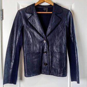 Anthro One Girl Who Navy Blue Leather Knit Jacket